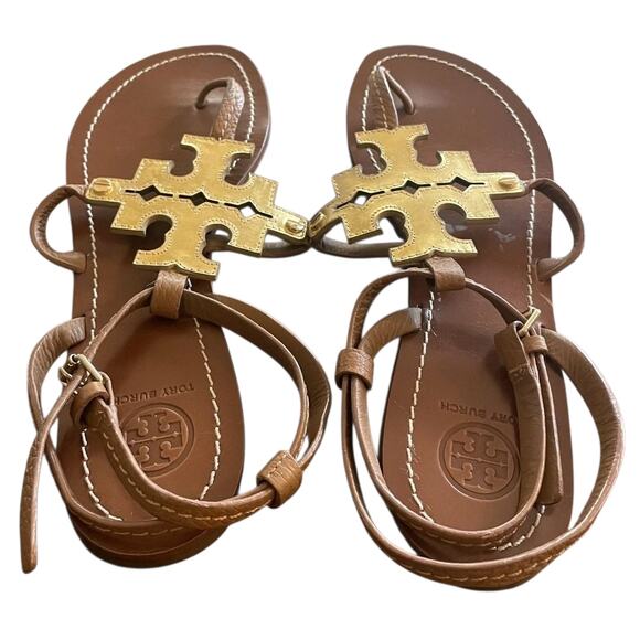 Tory Burch Phoebe brown LEATHER Flat SANDALS with Gold LOGO Women’s Size 6 SH134 - Picture 2 of 4